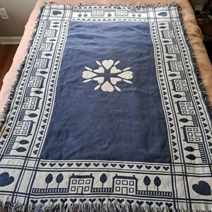 Vtg Woven Throw Blanket Fringe Knit Blue Cream Country Hearts 46” X 53” Cottage